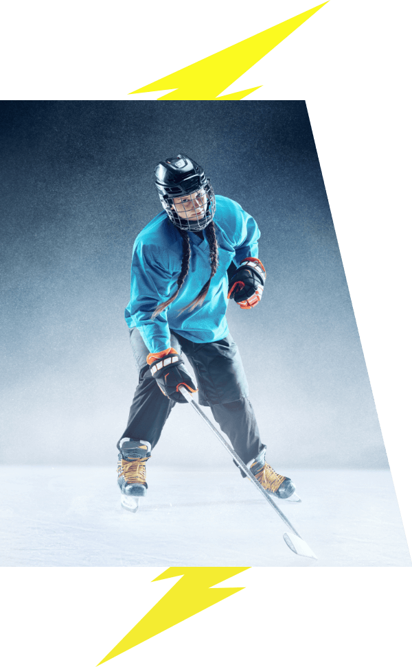 Kids hockey player on the ice in blue jersey lightning bolt image accents VI Storm Athletics