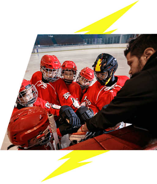 Coach getting ready for game with kids hockey players VI Storm Athletics