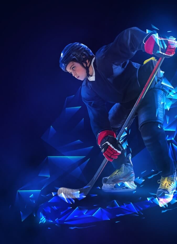 Kids hockey player on the right with dark background and clouds on the left VI Storm Athletics